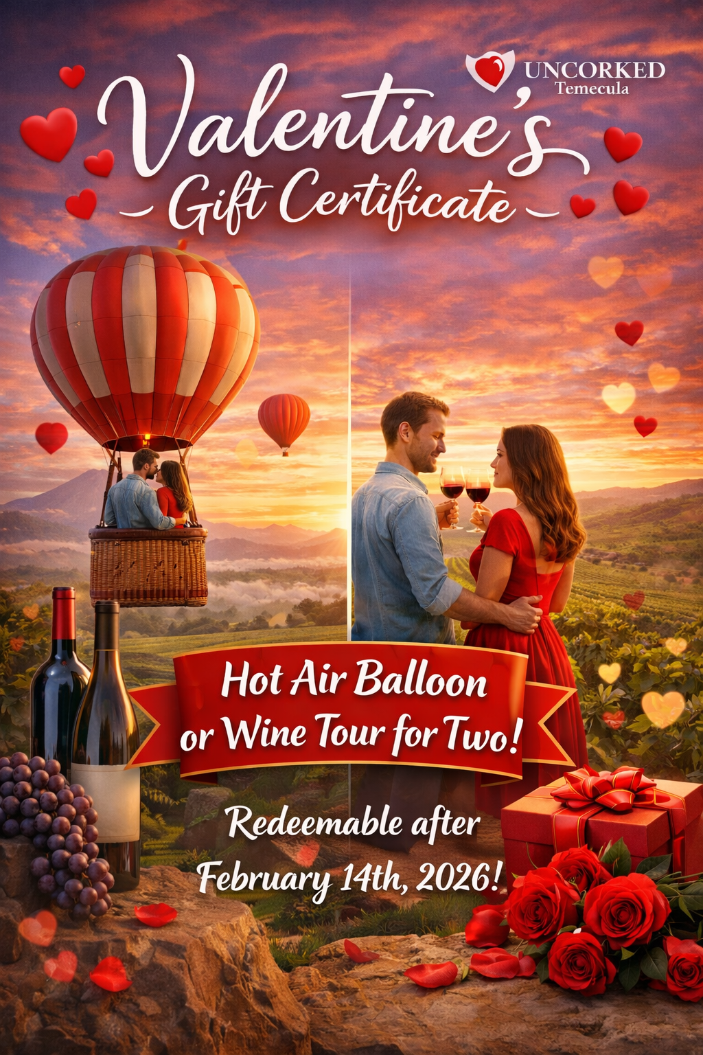 Uncorked Tours Valentine’s Gift Certificate – Hot Air Balloon or Wine Tour for Two – Redeemable after February 14th, 2026